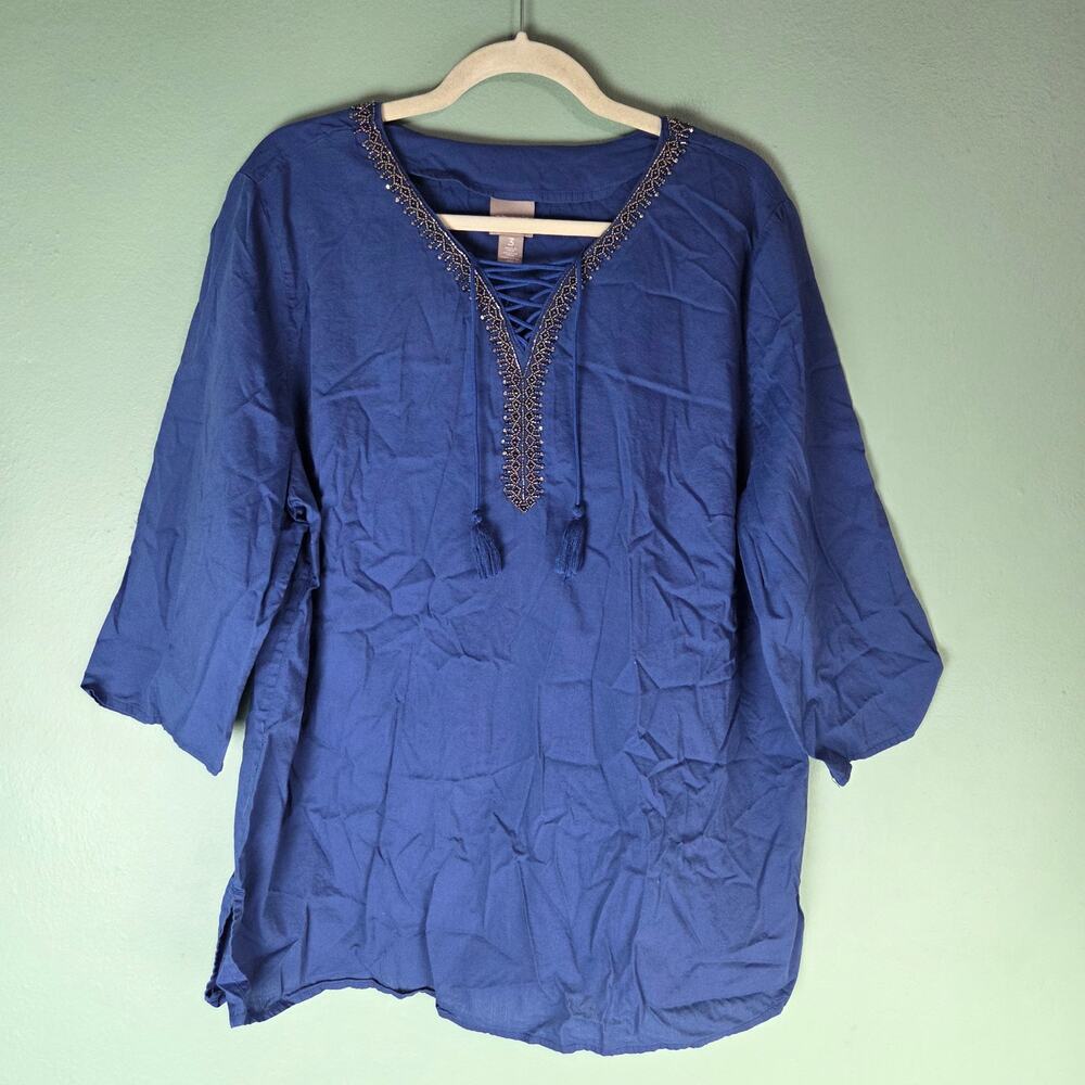 Chicos Tunic Top Womens 3 XL Beaded Embellished Neckline Tunic Top Boho Hipster